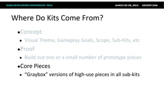 Where Do Kits Come From?
 ●Concept
  ●   Visual Theme, Gameplay Goals, Scope, Sub-Kits, etc
 ●Proof
  ●   Build out one or a small number of prototype pieces
 ●Core Pieces
  ●   “Graybox” versions of high-use pieces in all sub-kits
 
