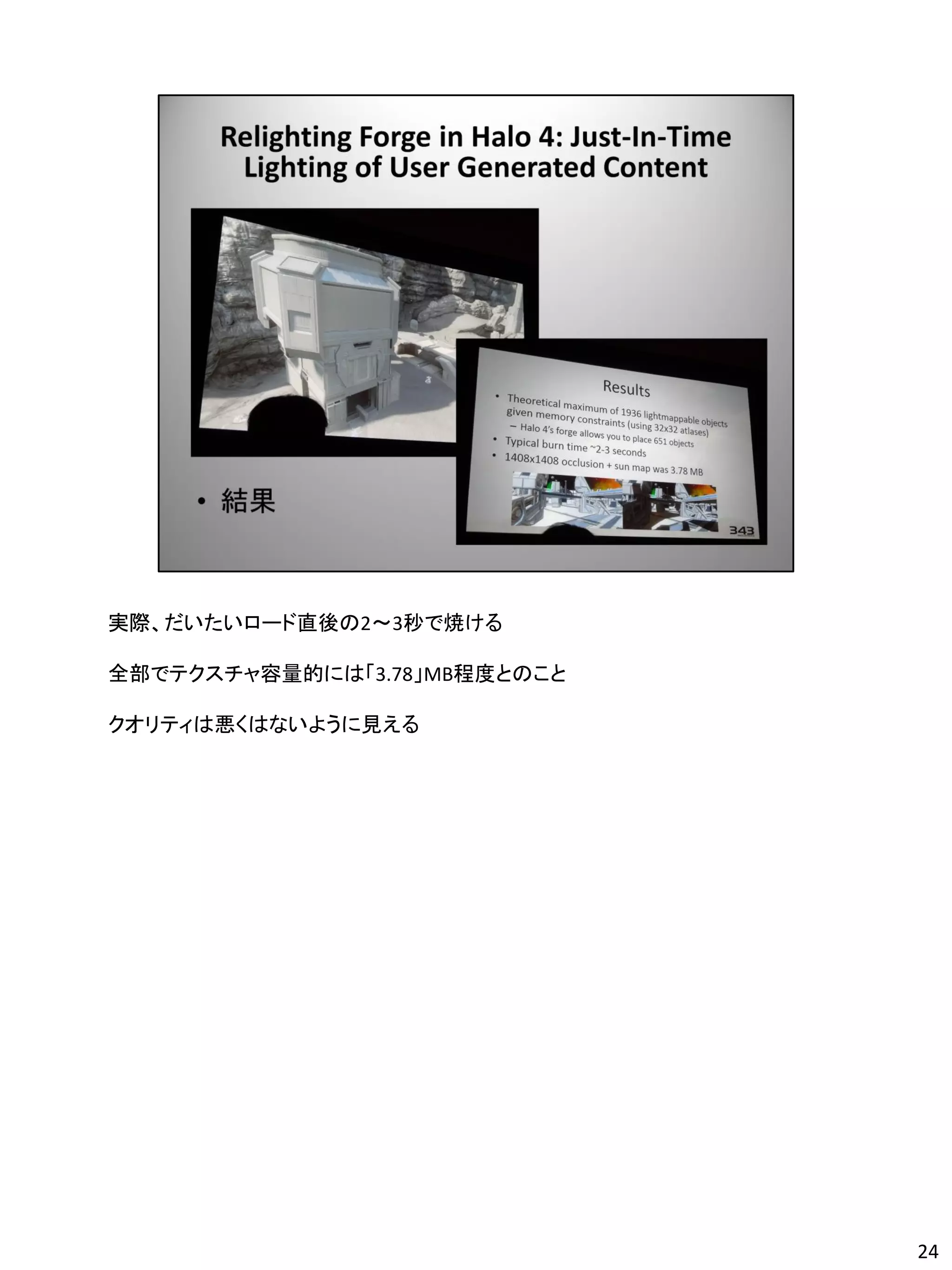実際、だいたいロード直後の2～3秒で焼ける

全部でテクスチャ容量的には「3.78」MB程度とのこと

クオリティは悪くはないように見える




                              24
 