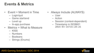 AWS Gaming Solutions | GDC 2014
Events & Metrics
•  Event = Moment in Time
–  Login/quit
–  Game start/end
–  Level up
–  ...