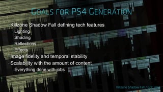 ‣ Killzone Shadow Fall defining tech features
‣ Lighting
‣ Shading
‣ Reflections
‣ Effects
‣ Image fidelity and temporal stability
‣ Scalability with the amount of content
‣ Everything done with jobs
 