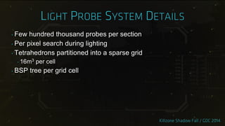 ‣ Few hundred thousand probes per section
‣ Per pixel search during lighting
‣ Tetrahedrons partitioned into a sparse grid
‣ 16m3 per cell
‣ BSP tree per grid cell
 
