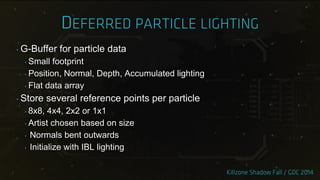 ‣ G-Buffer for particle data
‣ Small footprint
‣ Position, Normal, Depth, Accumulated lighting
‣ Flat data array
‣ Store several reference points per particle
‣ 8x8, 4x4, 2x2 or 1x1
‣ Artist chosen based on size
‣ Normals bent outwards
‣ Initialize with IBL lighting
 