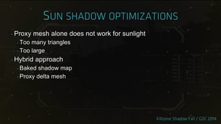 ‣ Proxy mesh alone does not work for sunlight
‣ Too many triangles
‣ Too large
‣ Hybrid approach
‣ Baked shadow map
‣ Proxy delta mesh
 