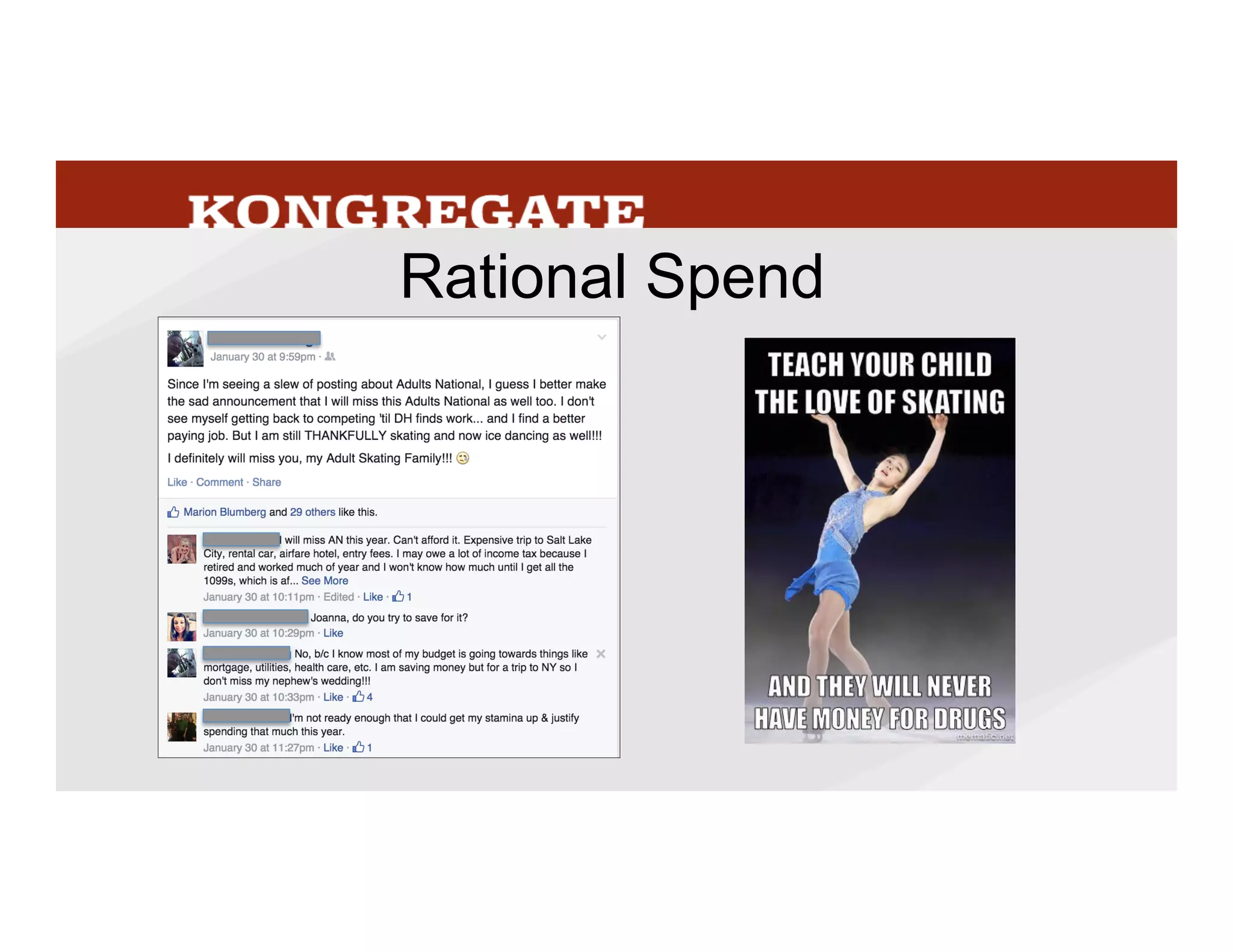 So	
  I’m	
  lucky	
  enough	
  to	
  have	
  a	
  lot	
  of	
  disposable	
  income	
  to	
  put	
  towards	
  skaMng,	
  
especially	
  as	
  I	
  don’t	
  have	
  kids.	
  But	
  that’s	
  not	
  true	
  of	
  all	
  skaters,	
  nor	
  all	
  gamers.	
  Here’s	
  
a	
  friend	
  that	
  I	
  skate	
  with	
  on	
  Facebook	
  posMng	
  about	
  her	
  decision	
  to	
  forego	
  
compeMng	
  at	
  adult	
  naMonals	
  while	
  her	
  husband	
  is	
  out	
  of	
  work.	
  She’s	
  prioriMzing	
  her	
  
budget	
  for	
  mortgage,	
  etc	
  ﬁrst,	
  then	
  a	
  trip	
  to	
  her	
  nephew’s	
  wedding.	
  Several	
  other	
  
people	
  chime	
  in	
  with	
  similar	
  decision-­‐making	
  not	
  to	
  do	
  it.	
  They	
  are	
  making	
  raMonal,	
  
though=ul	
  decisions.	
  
	
  
Now	
  is	
  every	
  skater	
  or	
  gamer	
  making	
  their	
  spending	
  decisions	
  totally	
  raMonally	
  and	
  
within	
  their	
  budget?	
  No.	
  There’s	
  always	
  a	
  spectrum	
  of	
  human	
  behavior	
  in	
  any	
  group,	
  
and	
  people	
  trying	
  to	
  ﬁt	
  unmet	
  emoMonal	
  needs	
  in	
  unhealthy	
  ways.	
  But	
  we	
  don’t	
  
blame	
  department	
  stores	
  for	
  the	
  occasional	
  compulsive	
  shopper,	
  and	
  we	
  shouldn’t	
  
blame	
  games	
  for	
  the	
  occasional	
  compulsive	
  spender,	
  either.	
  
26
 