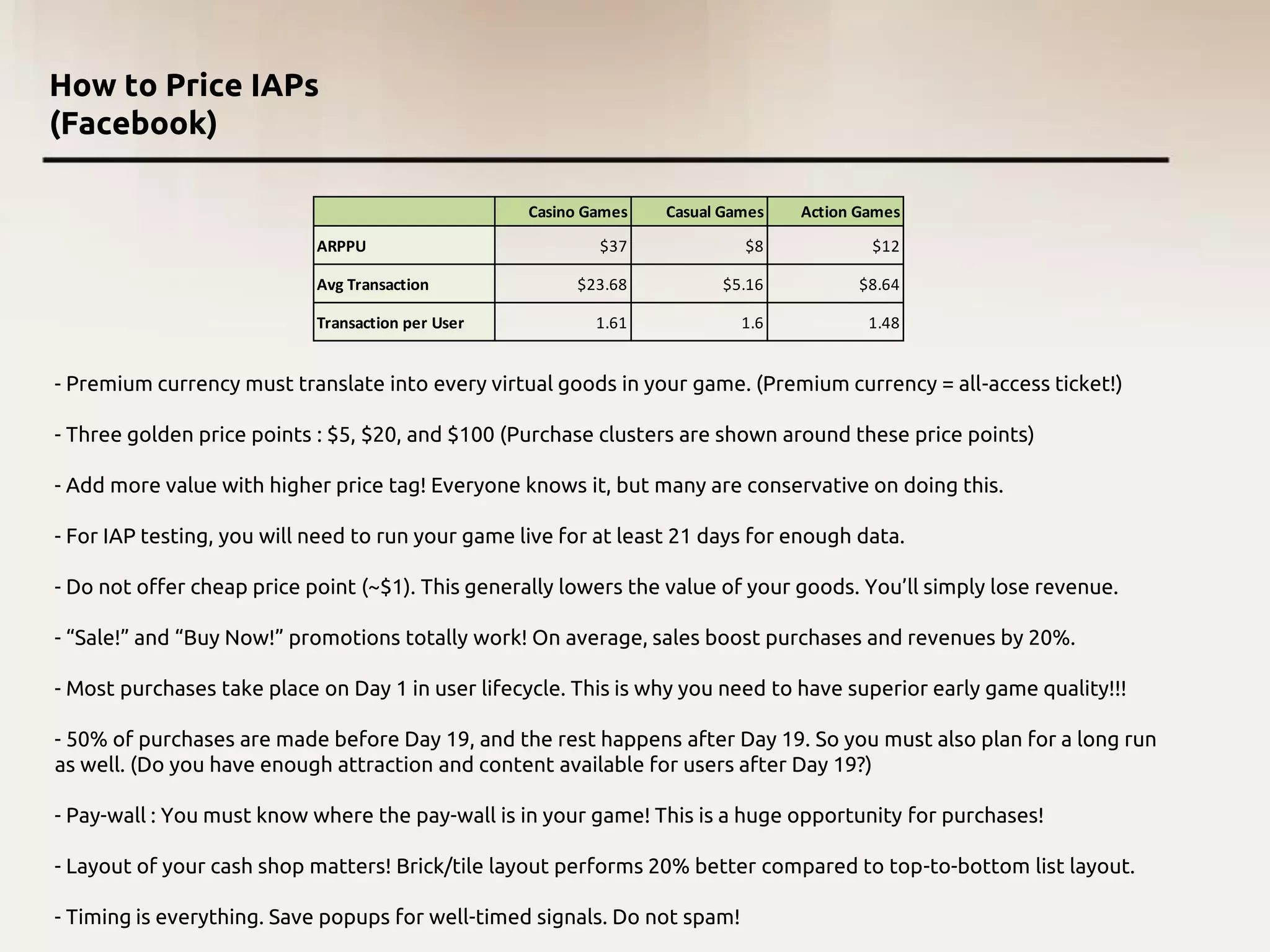 How to Price IAPs
(Facebook)
- Premium currency must translate into every virtual goods in your game. (Premium currency = all-access ticket!)
- Three golden price points : $5, $20, and $100 (Purchase clusters are shown around these price points)
- Add more value with higher price tag! Everyone knows it, but many are conservative on doing this.
- For IAP testing, you will need to run your game live for at least 21 days for enough data.
- Do not offer cheap price point (~$1). This generally lowers the value of your goods. You’ll simply lose revenue.
- “Sale!” and “Buy Now!” promotions totally work! On average, sales boost purchases and revenues by 20%.
- Most purchases take place on Day 1 in user lifecycle. This is why you need to have superior early game quality!!!
- 50% of purchases are made before Day 19, and the rest happens after Day 19. So you must also plan for a long run
as well. (Do you have enough attraction and content available for users after Day 19?)
- Pay-wall : You must know where the pay-wall is in your game! This is a huge opportunity for purchases!
- Layout of your cash shop matters! Brick/tile layout performs 20% better compared to top-to-bottom list layout.
- Timing is everything. Save popups for well-timed signals. Do not spam!
Casino Games Casual Games Action Games
ARPPU $37 $8 $12
Avg Transaction $23.68 $5.16 $8.64
Transaction per User 1.61 1.6 1.48
 