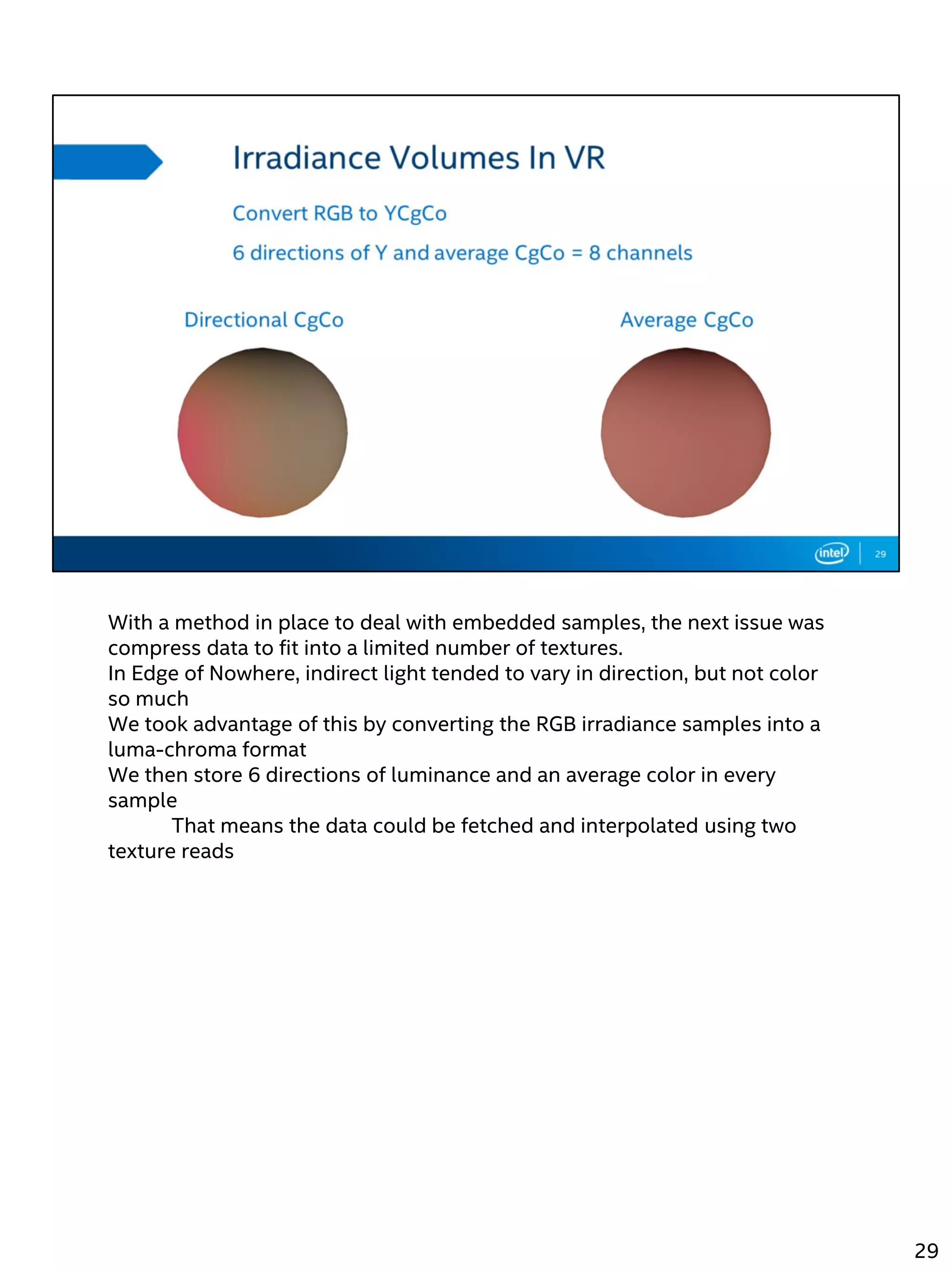 With a method in place to deal with embedded samples, the next issue was
compress data to fit into a limited number of textures.
In Edge of Nowhere, indirect light tended to vary in direction, but not color
so much
We took advantage of this by converting the RGB irradiance samples into a
luma-chroma format
We then store 6 directions of luminance and an average color in every
sample
That means the data could be fetched and interpolated using two
texture reads
29
 
