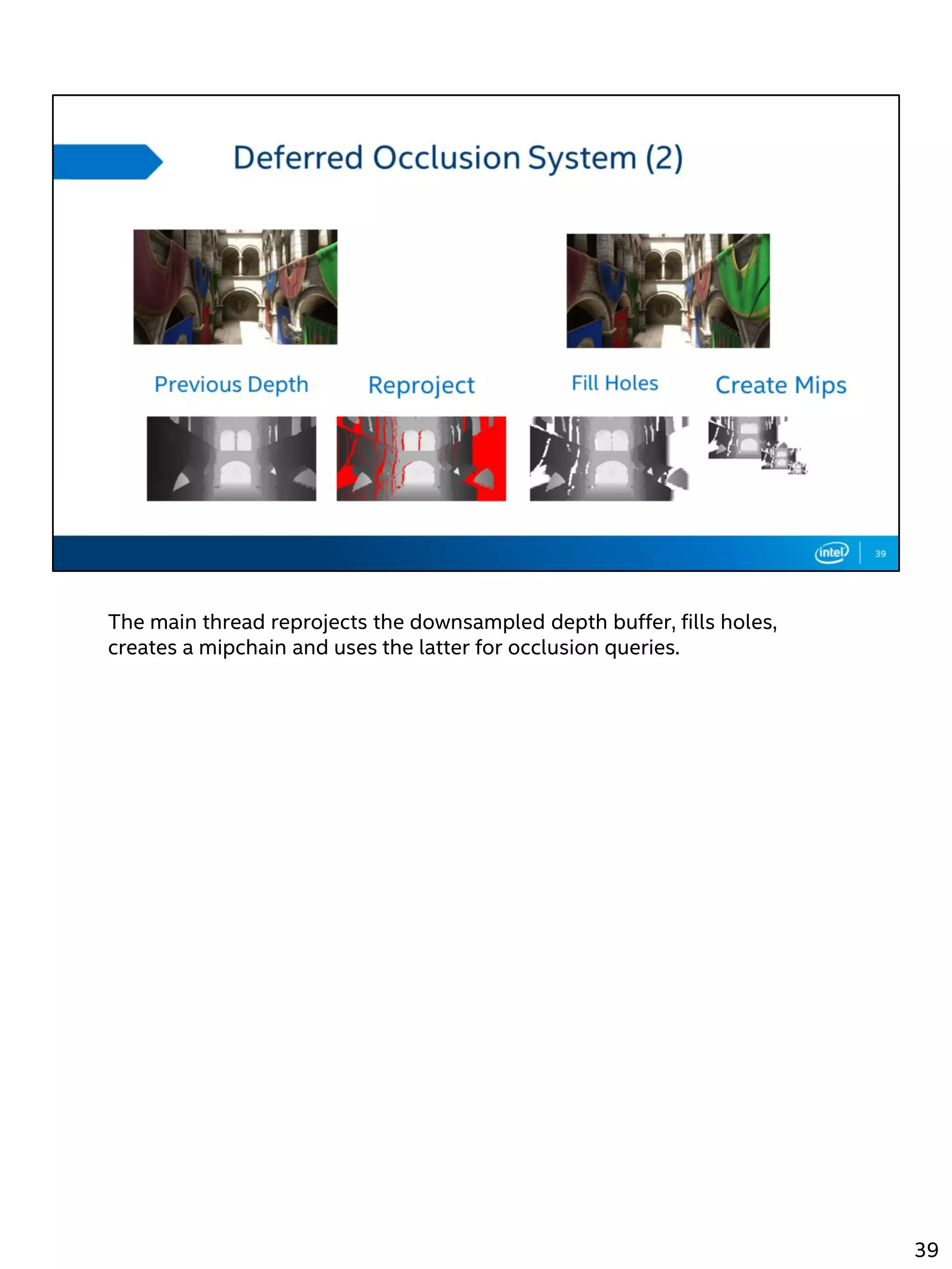 The main thread reprojects the downsampled depth buffer, fills holes,
creates a mipchain and uses the latter for occlusion queries.
39
 