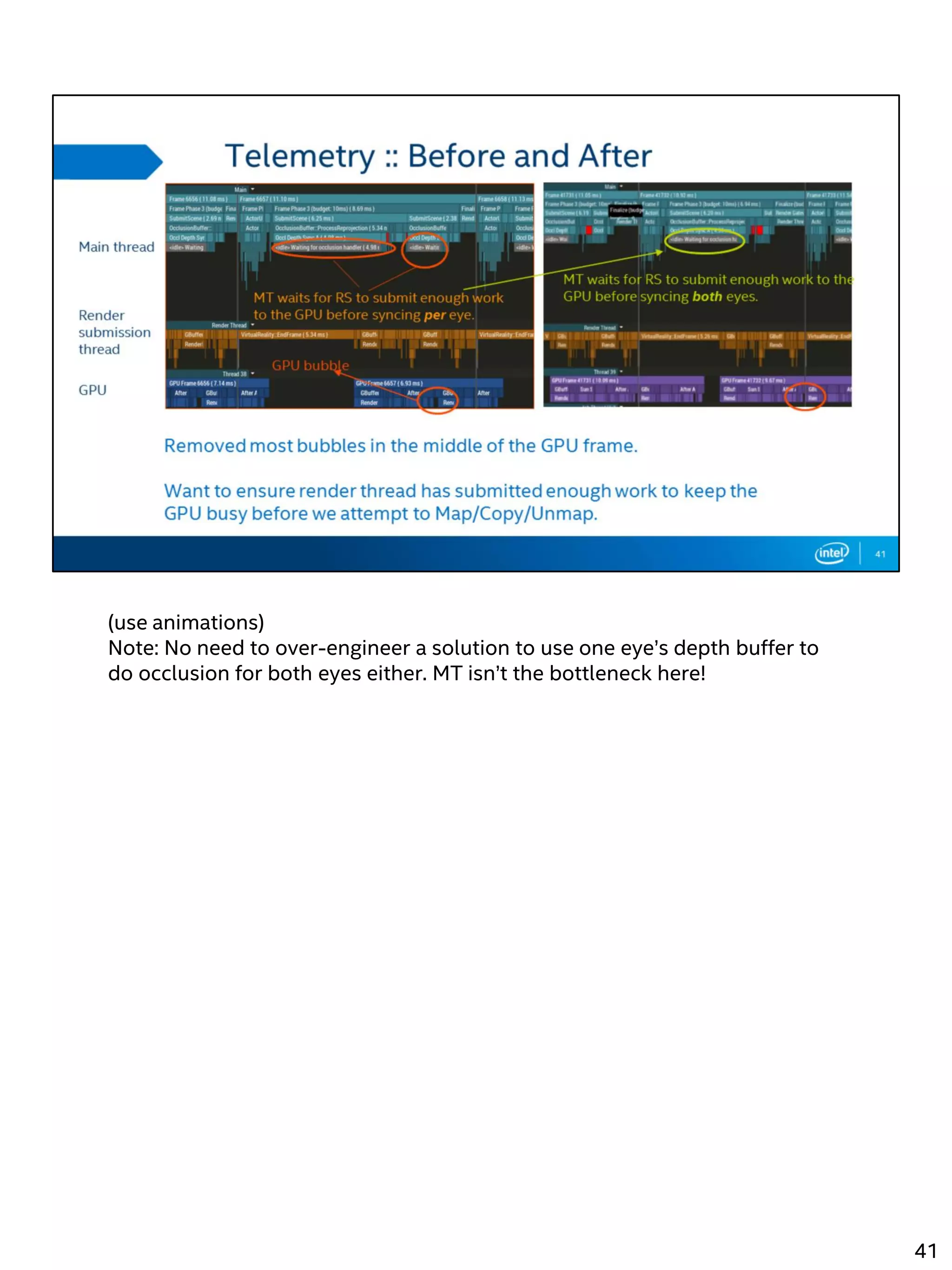 (use animations)
Note: No need to over-engineer a solution to use one eye’s depth buffer to
do occlusion for both eyes either. MT isn’t the bottleneck here!
41
 