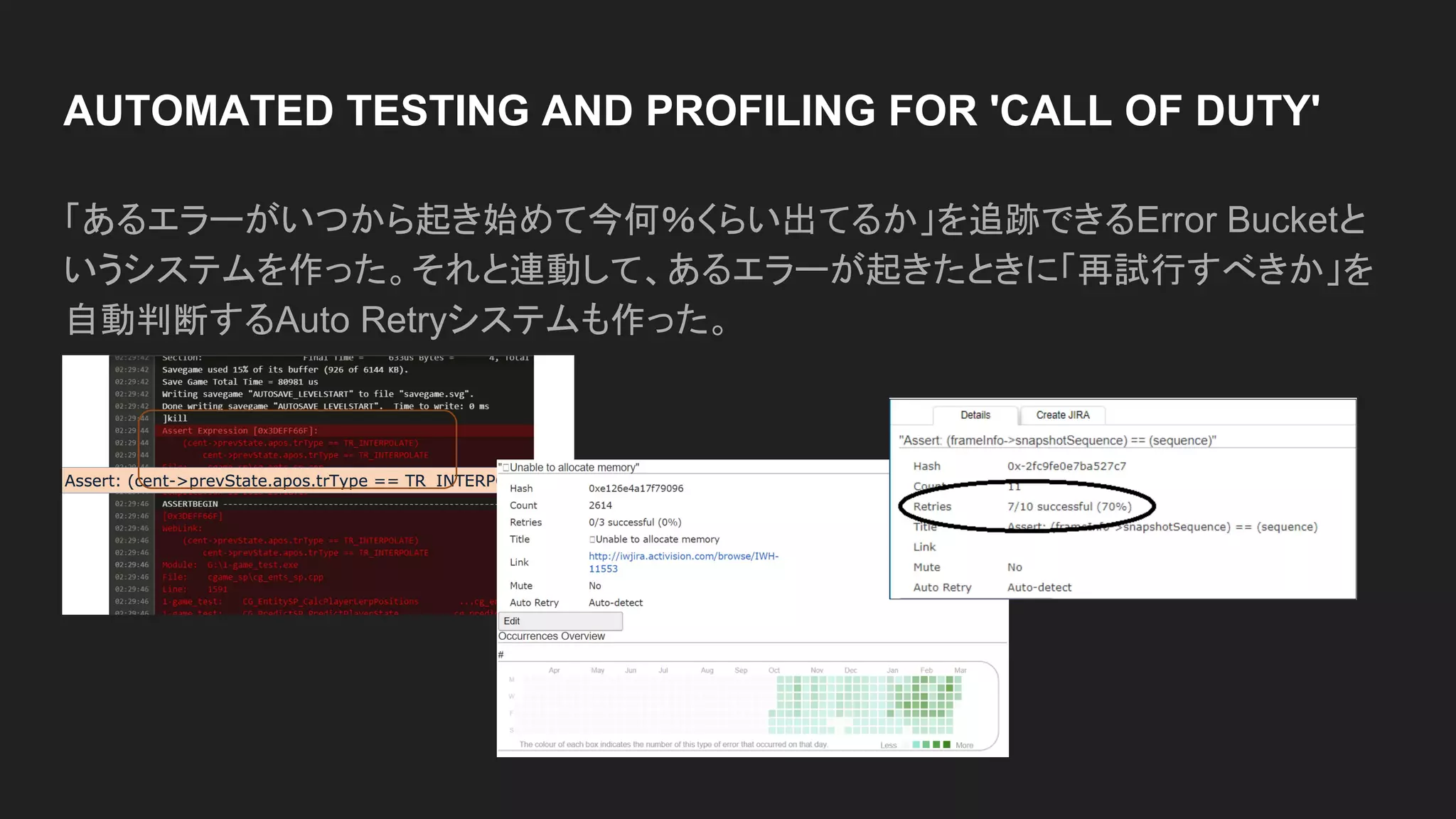 AUTOMATED TESTING AND PROFILING FOR 'CALL OF DUTY'
「あるエラーがいつから起き始めて今何％くらい出てるか」を追跡できるError Bucketと
いうシステムを作った。それと連動して、あるエラーが起きたときに「再試行すべきか」を
自動判断するAuto Retryシステムも作った。
 