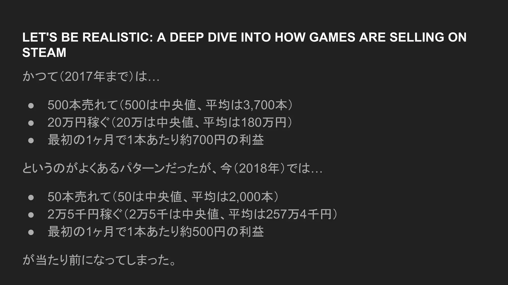 LET'S BE REALISTIC: A DEEP DIVE INTO HOW GAMES ARE SELLING ON
STEAM
かつて（2017年まで）は…
● 500本売れて（500は中央値、平均は3,700本）
● 20万円稼ぐ（20万は中央値、平均は180万円）
● 最初の1ヶ月で1本あたり約700円の利益
というのがよくあるパターンだったが、今（2018年）では…
● 50本売れて（50は中央値、平均は2,000本）
● 2万5千円稼ぐ（2万5千は中央値、平均は257万4千円）
● 最初の1ヶ月で1本あたり約500円の利益
が当たり前になってしまった。
 