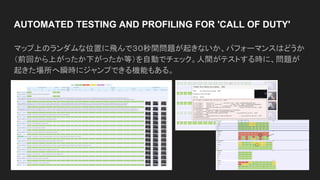AUTOMATED TESTING AND PROFILING FOR 'CALL OF DUTY'
マップ上のランダムな位置に飛んで３０秒間問題が起きないか、パフォーマンスはどうか
（前回から上がったか下がったか等）を自動でチェック。人間がテストする時に、問題が
起きた場所へ瞬時にジャンプできる機能もある。
 