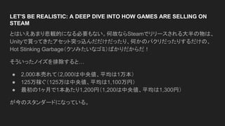 LET'S BE REALISTIC: A DEEP DIVE INTO HOW GAMES ARE SELLING ON
STEAM
とはいえあまり悲観的になる必要もない。何故ならSteamでリリースされる大半の物は、
Unityで買ってきたアセット突っ込んだだけだったり、何かのパクリだったりするだけの、
Hot Stinking Garbage（クソみたいなゴミ）ばかりだからだ！
そういったノイズを排除すると…
● 2,000本売れて（2,000は中央値、平均は1万本）
● 125万稼ぐ（125万は中央値、平均は1,100万円）
● 最初の1ヶ月で1本あたり1,200円（1,200は中央値、平均は1,300円）
が今のスタンダードになっている。
 