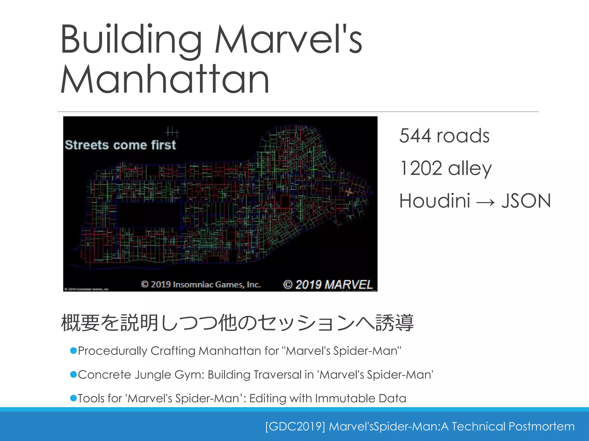 Building Marvel's
Manhattan
544 roads
1202 alley
Houdini → JSON
[GDC2019] Marvel'sSpider-Man:A Technical Postmortem
概要を説明しつつ他のセッションへ誘導
Procedurally Crafting Manhattan for "Marvel's Spider-Man"
Concrete Jungle Gym: Building Traversal in 'Marvel's Spider-Man'
Tools for 'Marvel's Spider-Man’: Editing with Immutable Data
 