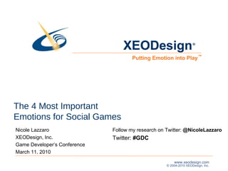 The 4 Most Important  Emotions for Social Games  Nicole Lazzaro XEODesign, Inc. Game Developer’s Conference  March 11, 2010 XEODesign ® ™ Follow my research on Twitter:  @NicoleLazzaro  Twitter:  #GDC 