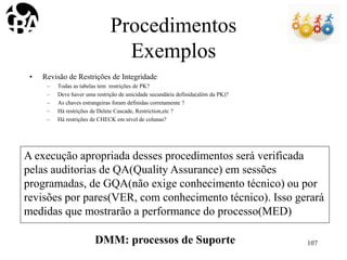 Procedimentos
Exemplos
• Revisão de Restrições de Integridade
– Todas as tabelas tem restrições de PK?
– Deve haver uma restrição de unicidade secundária definida(além da PK)?
– As chaves estrangeiras foram definidas corretamente ?
– Há restrições de Delete Cascade, Restriction,etc ?
– Há restrições de CHECK em nível de colunas?
A execução apropriada desses procedimentos será verificada
pelas auditorias de QA(Quality Assurance) em sessões
programadas, de GQA(não exige conhecimento técnico) ou por
revisões por pares(VER, com conhecimento técnico). Isso gerará
medidas que mostrarão a performance do processo(MED)
DMM: processos de Suporte 107
 