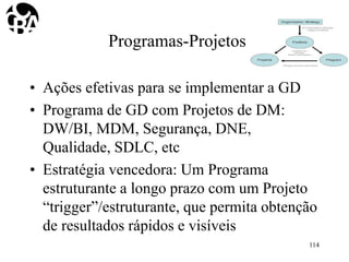 Programas-Projetos
• Ações efetivas para se implementar a GD
• Programa de GD com Projetos de DM:
DW/BI, MDM, Segurança, DNE,
Qualidade, SDLC, etc
• Estratégia vencedora: Um Programa
estruturante a longo prazo com um Projeto
“trigger”/estruturante, que permita obtenção
de resultados rápidos e visíveis
114
 