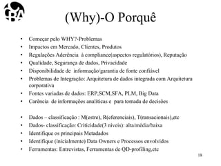 (Why)-O Porquê
• Começar pelo WHY?-Problemas
• Impactos em Mercado, Clientes, Produtos
• Regulações Aderência à compliance(aspectos regulatórios), Reputação
• Qualidade, Segurança de dados, Privacidade
• Disponibilidade de informação/garantia de fonte confiável
• Problemas de Integração: Arquitetura de dados integrada com Arquitetura
corporativa
• Fontes variadas de dados: ERP,SCM,SFA, PLM, Big Data
• Carência de informações analíticas e para tomada de decisões
• Dados – classificação : M(estre), R(eferenciais), T(ransacionais),etc
• Dados- classificação: Criticidade(3 níveis): alta/média/baixa
• Identifique os principais Metadados
• Identifique (inicialmente) Data Owners e Processos envolvidos
• Ferramentas: Entrevistas, Ferramentas de QD-profiling,etc
18
 