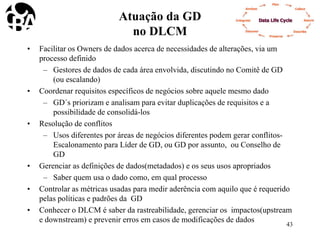 Atuação da GD
no DLCM
• Facilitar os Owners de dados acerca de necessidades de alterações, via um
processo definido
– Gestores de dados de cada área envolvida, discutindo no Comitê de GD
(ou escalando)
• Coordenar requisitos específicos de negócios sobre aquele mesmo dado
– GD´s priorizam e analisam para evitar duplicações de requisitos e a
possibilidade de consolidá-los
• Resolução de conflitos
– Usos diferentes por áreas de negócios diferentes podem gerar conflitos-
Escalonamento para Líder de GD, ou GD por assunto, ou Conselho de
GD
• Gerenciar as definições de dados(metadados) e os seus usos apropriados
– Saber quem usa o dado como, em qual processo
• Controlar as métricas usadas para medir aderência com aquilo que é requerido
pelas políticas e padrões da GD
• Conhecer o DLCM é saber da rastreabilidade, gerenciar os impactos(upstream
e downstream) e prevenir erros em casos de modificações de dados
43
 