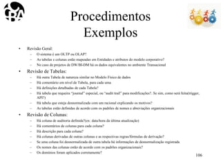 Procedimentos
Exemplos
• Revisão Geral:
– O sistema é um OLTP ou OLAP?
– As tabelas e colunas estão mapeadas em Entidades e atributos do modelo corporativo?
– No caso de projetos de DW/BI-DM há os dados equivalentes no ambiente Transacional
• Revisão de Tabelas:
– Há outra Tabela de natureza similar no Modelo Físico de dados
– Há comentário em nível de Tabela, para cada uma
– Há definições detalhadas de cada Tabela?
– Há tabela que requeira “journal” especial, ou “audit trail” para modificações?. Se sim, como será feita(trigger,
API?)
– Há tabela que esteja desnormalizada com um racional explicando os motivos?
– As tabelas estão definidas de acordo com os padrões de nomes e abreviações organizacionais
• Revisão de Colunas:
– Há coluna de auditoria definida?(ex: data/hora da última atualização)
– Há comentários de colunas para cada coluna?
– Há descrição para cada coluna?
– Há colunas derivadas de outras colunas e as respectivas regras/fórmulas de derivação?
– Se uma coluna foi desnormalizada de outra tabela há informações de desnormalização registrada
– Os nomes das colunas estão de acordo com os padrões organizacionais?
– Os domínios foram aplicados corretamente?
106
 