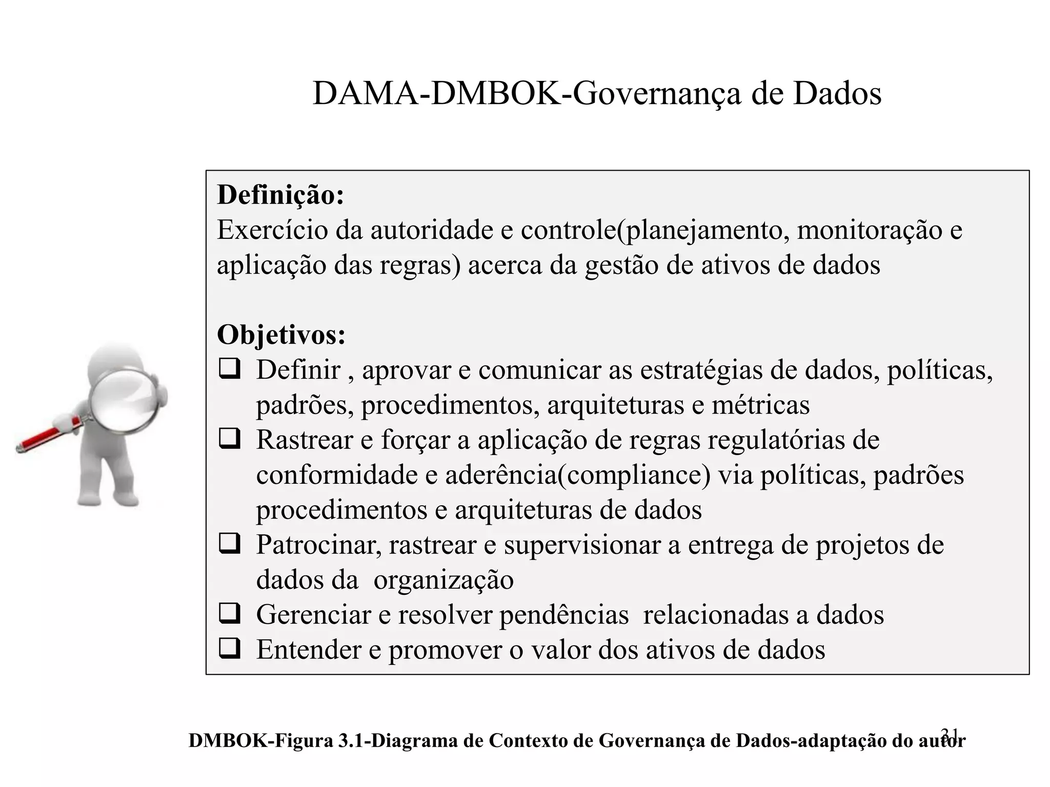 31DMBOK-Figura 3.1-Diagrama de Contexto de Governança de Dados-adaptação do autor
Definição:
Exercício da autoridade e controle(planejamento, monitoração e
aplicação das regras) acerca da gestão de ativos de dados
Objetivos:
 Definir , aprovar e comunicar as estratégias de dados, políticas,
padrões, procedimentos, arquiteturas e métricas
 Rastrear e forçar a aplicação de regras regulatórias de
conformidade e aderência(compliance) via políticas, padrões
procedimentos e arquiteturas de dados
 Patrocinar, rastrear e supervisionar a entrega de projetos de
dados da organização
 Gerenciar e resolver pendências relacionadas a dados
 Entender e promover o valor dos ativos de dados
DAMA-DMBOK-Governança de Dados
 