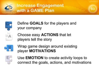 Increase Engagement  with a GAME Plan Define  GOALS  for the players and  your company Choose easy  ACTIONS  that let play...