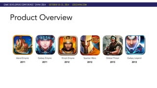 Product Overview 
Galaxy Empire 
2011 
Global Threat 
2013 
Galaxy Legend 
2013 
Spartan Wars 
2012 
King’s Empire 
2012 
Island Empire 
2011 
 