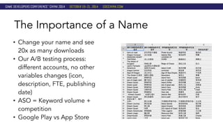 The Importance of a Name 
• Change your name and see 
20x as many downloads 
• Our A/B testing process: 
different accounts, no other 
variables changes (icon, 
description, FTE, publishing 
date) 
• ASO = Keyword volume + 
competition 
• Google Play vs App Store 
 