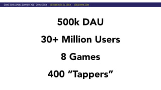 500k DAU 
30+ Million Users 
8 Games 
400 “Tappers” 
 