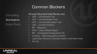 Common Blockers
Compiling
Acronyms
Entry Point
Acronym Soup (and Code Names, too)
• UBT – Unreal Build Tool
• UHT – Unreal Header Tool
• UAT – Unreal Automation Tool
• UFE – Unreal Frontend
• BP – Blueprint
• CDO – Class Default Object
• INI – Text Based Configuration File
• Cooking – Optimizing game content
• Lightmass, Persona, Cascade, Swarm and other tools
• etc. pp.
 
