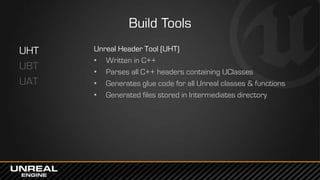 Build Tools
UHT
UBT
UAT
Unreal Header Tool (UHT)
• Written in C++
• Parses all C++ headers containing UClasses
• Generates glue code for all Unreal classes & functions
• Generated files stored in Intermediates directory
 