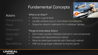 Fundamental Concepts
Actors
Components
Pawn
Character
Controller
HUD
GameMode
What is an Actor?
• Entity in a game level
• Usually contains one or more Actor Components
• Supports network replication for multiplayer games
Things to know about Actors
• Don’t have Location, Rotation (stored in root component)
• Created with SpawnActor() method
• Must be destroyed explicitly with Destroy() method
• Will not be garbage collected during the game
 