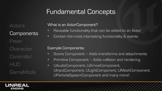 Fundamental Concepts
Actors
Components
Pawn
Character
Controller
HUD
GameMode
What is an ActorComponent?
• Reusable functionality that can be added to an Actor
• Contain the most interesting functionality & events
Example Components:
• Scene Component – Adds transforms and attachments
• Primitive Component – Adds collision and rendering
• UAudioComponent, UArrowComponent,
UInputComponent, ULightComponent, UMeshComponent,
UParticleSystemComponent and many more!
 