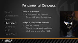 Fundamental Concepts
Actors
Components
Pawn
Character
Controller
HUD
GameMode
What is a Character?
• Special Pawn that can walk
• Comes with useful Components
Things to know about Controllers
• Handles collision
• Client-side movement prediction
• Much improvement from UE3
 