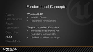 Fundamental Concepts
Actors
Components
Pawn
Character
Controller
HUD
GameMode
What is a HUD?
• Head-Up Display
• Responsible for in-game UI
Things to know about Controllers
• Immediate-mode drawing API
• No tools for building HUDs
• UMG will provide all the things!
 