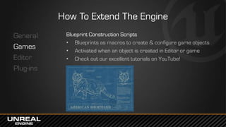 How To Extend The Engine
General
Games
Editor
Plug-ins
Blueprint Construction Scripts
• Blueprints as macros to create & configure game objects
• Activated when an object is created in Editor or game
• Check out our excellent tutorials on YouTube!
 