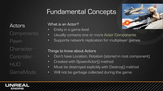 Fundamental Concepts
Actors
Components
Pawn
Character
Controller
HUD
GameMode
What is an Actor?
• Entity in a game level
•...