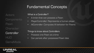 Fundamental Concepts
Actors
Components
Pawn
Character
Controller
HUD
GameMode
What is a Controller?
• A brain that can pos...