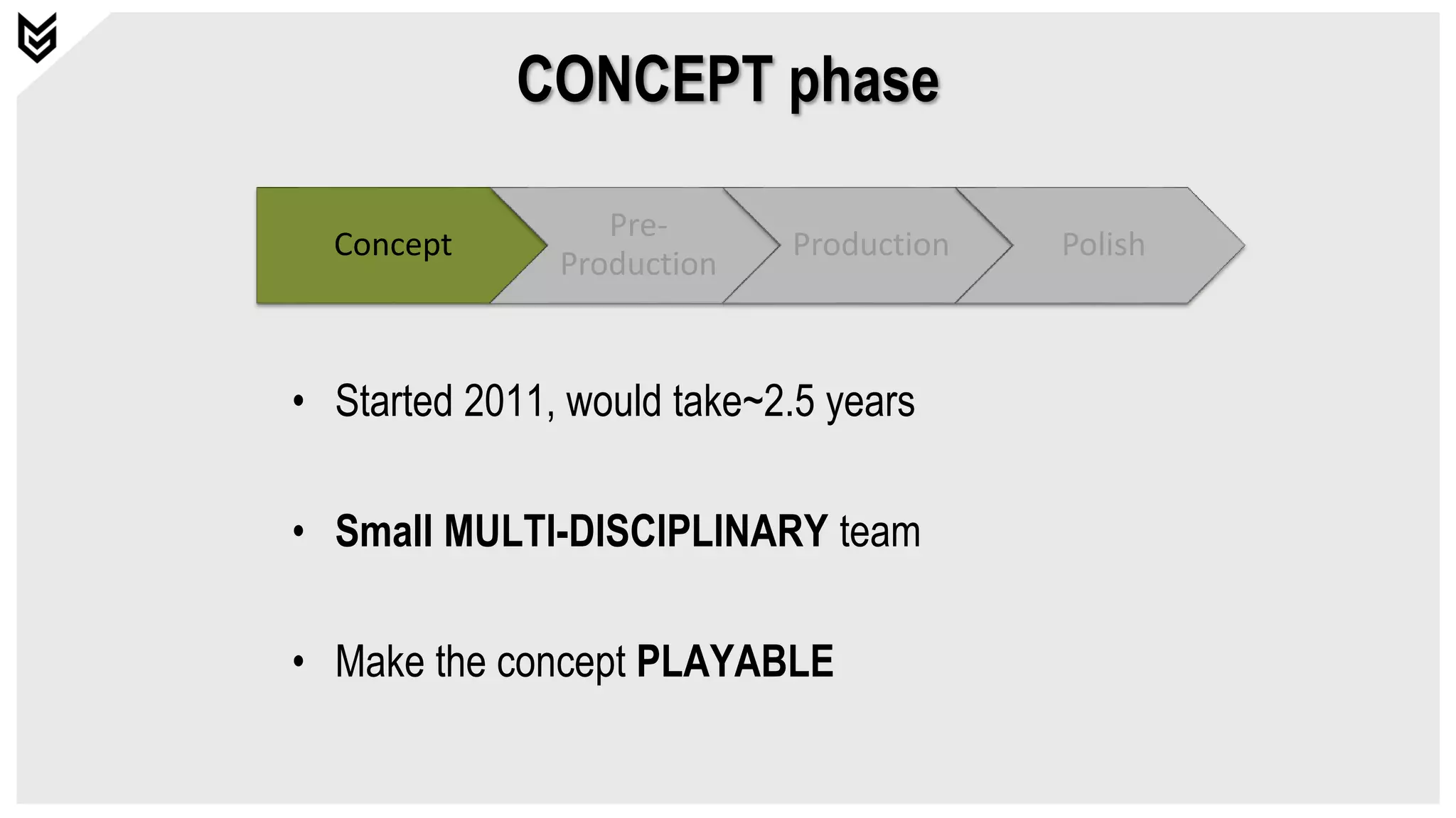 Concept
Pre-
Production
Production Polish
• Started 2011, would take~2.5 years
• Small MULTI-DISCIPLINARY team
• Make the concept PLAYABLE
CONCEPT phase
 