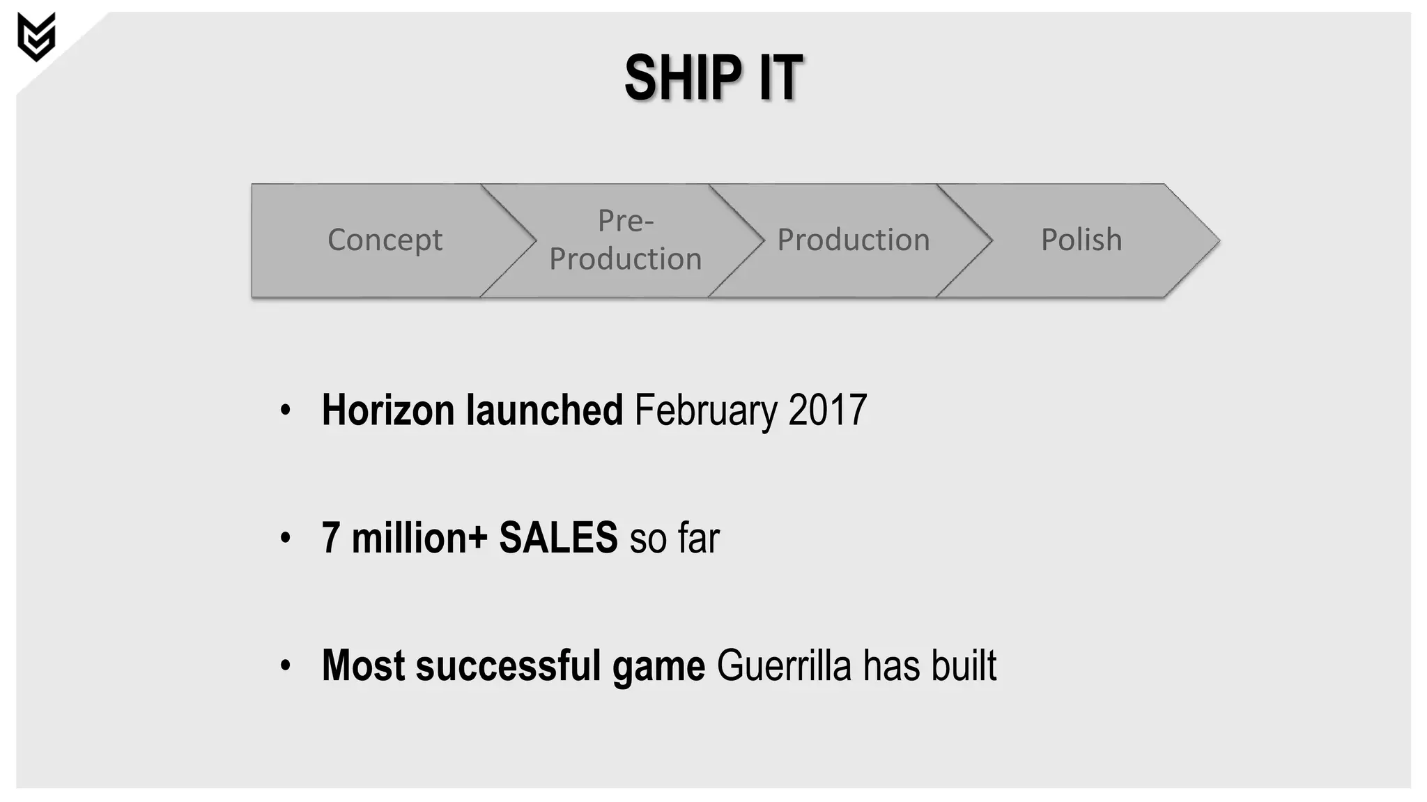 SHIP IT
Concept
Pre-
Production
Production Polish
• Horizon launched February 2017
• 7 million+ SALES so far
• Most successful game Guerrilla has built
 