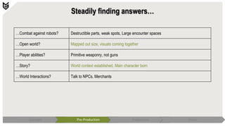 Steadily finding answers…
…Combat against robots? Destructible parts, weak spots, Large encounter spaces
…Open world? Mapped out size, visuals coming together
…Player abilities? Primitive weaponry, not guns
…Story? World context established, Main character born
…World Interactions? Talk to NPCs, Merchants
Concept Pre-Production Production Polish
 
