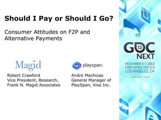 Should I Pay or Should I Go?
Consumer Attitudes on F2P and
Alternative Payments

Robert Crawford
Vice President, Research,
Frank N. Magid Associates

Andre Machicao
General Manager of
PlaySpan, Visa Inc.

 