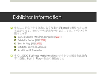 Exhibitor Information
 申し込みが完了すると次のような案内がE-mailで現場の方の担
当者から来る。そのメールが来たのが２月１９日。いろいろ期
限ギリギリ
 GDC Business Matchmaking (期限2/21)
 Exhibitor Portal (期限2/28)
 Best in Play (期限2/20)
 Exhibitor Services Manual
 Additional Information
 すぐにGDC Business Matchmaking サイトで出展者と出展内
容の登録、Best in Playへ作品の登録をした
 