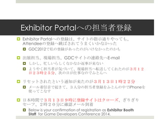 Exhibitor Portalへの担当者登録
 Exhibitor Portalへの登録は、サイトの指示通りやっても、
Attendeeの登録へ跳ばされてうまくいかなかった
 GDC2012で私の登録があったのがいけなかったのかも
 出展担当、現場担当、GDCサイトの連絡先へE-mail
 しかし、忙しいらしくなかなか返事が来ない
 ようやく担当者が気づいて、現場担当へ転送してくれたのが３月１２
日２３時２５分、次の日が仕事なのでふとんへ
 リセットされたという通知が来たのが３月１３日１時２２分
 メール着信音で起きて、３人分の担当者登録をふとんの中でiPhoneを
使ってこなす
 日本時間で３月１３日９時に登録サイトはクローズ、ぎりぎり
セーフ、２時２０分に確認メール到着
 Below is your confirmation of registration as Exhibitor Booth
Staff for Game Developers Conference 2014.
 