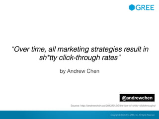 Copyright © 2004-2012 GREE, Inc. All Rights Reserved.Confidential Copyright © 2004-2014 GREE, Inc. All Rights Reserved.
“Over time, all marketing strategies result in
sh*tty click-through rates”
by Andrew Chen
Source: http://andrewchen.co/2012/04/05/the-law-of-shitty-clickthroughs/
 