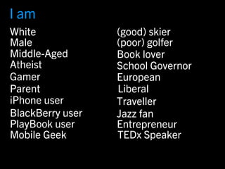 I am
White             (good) skier
Male              (poor) golfer
Middle-Aged       Book lover
Atheist           School Governor
Gamer             European
Parent            Liberal
iPhone user       Traveller
BlackBerry user   Jazz fan
PlayBook user     Entrepreneur
Mobile Geek       TEDx Speaker
 