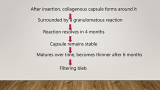 After insertion, collagenous capsule forms around it
Surrounded by a granulomatous reaction
Reaction resolves in 4 months
Capsule remains stable
Matures over time, becomes thinner after 6 months
Filtering bleb
 