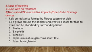 3.Types of opening
1.GDDs with no resistance
A)Non-valved/Non-restrictive implants/Open-Tube Drainage
devices
• Rely on resistance formed by fibrous capsule or bleb
• Bleb grows around the implant and creates a space for fluid to
drain and be absorbed by surrounding tissue
1. Molteno
2. Bareveldt
3. Schocket
4. Express miniature glaucoma shunt R 50
5. Istent from glaukos
 