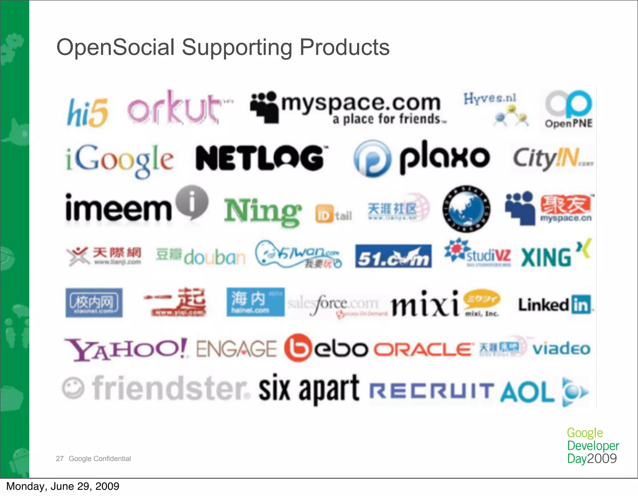 OpenSocial Supporting Products




         27 Google Confidential



Monday, June 29, 2009
 