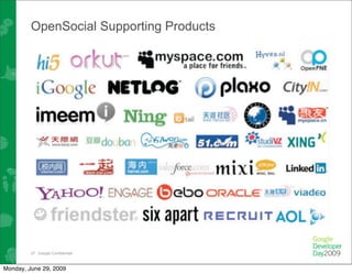 OpenSocial Supporting Products




         27 Google Confidential



Monday, June 29, 2009
 