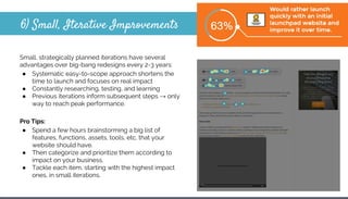 6) Small, Iterative Improvements
Small, strategically planned iterations have several
advantages over big-bang redesigns every 2-3 years:
● Systematic easy-to-scope approach shortens the
time to launch and focuses on real impact
● Constantly researching, testing, and learning
● Previous iterations inform subsequent steps → only
way to reach peak performance.
Pro Tips:
● Spend a few hours brainstorming a big list of
features, functions, assets, tools, etc. that your
website should have.
● Then categorize and prioritize them according to
impact on your business.
● Tackle each item, starting with the highest impact
ones, in small iterations.
 
